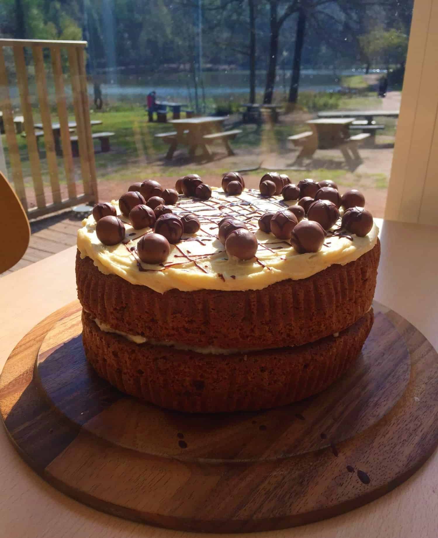 Malteser Cake in window with view of lake behind.