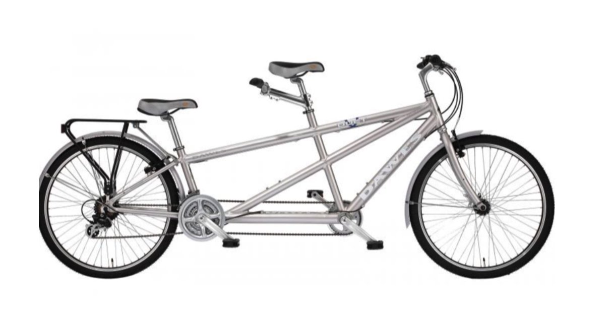 Photo of a silver tandem bicycle, available for hire at the Pedalabikeaway centre in the Forest of Dean