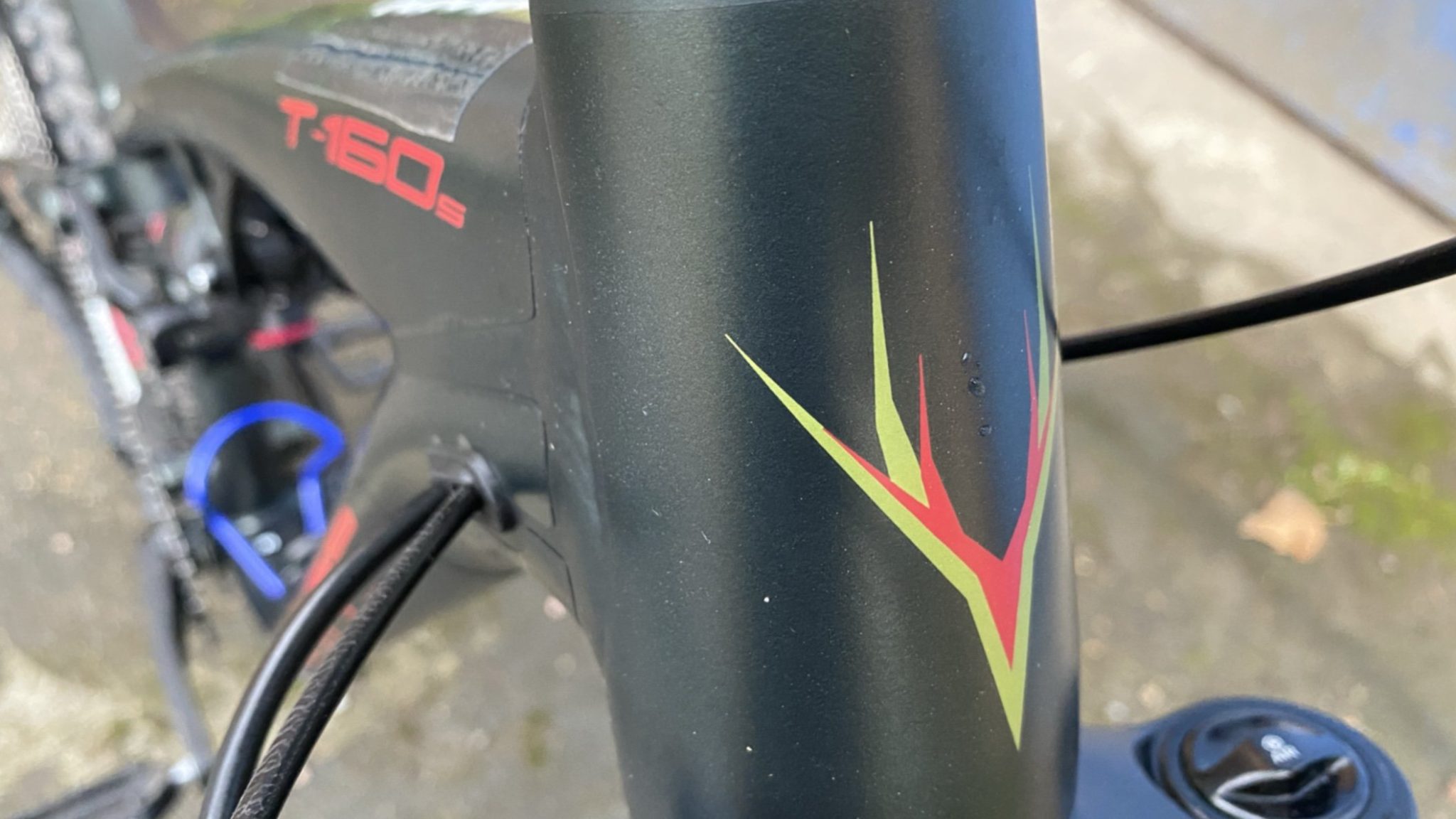 Photo of head tube of Whyte T-160 mountain bike showing the Wyte logo