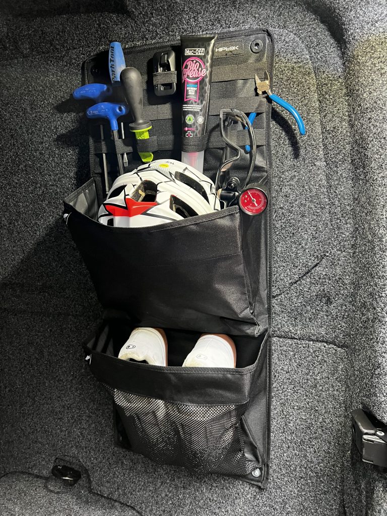 Hiplok Organiser with helmet, shoes and tools stored neatly.