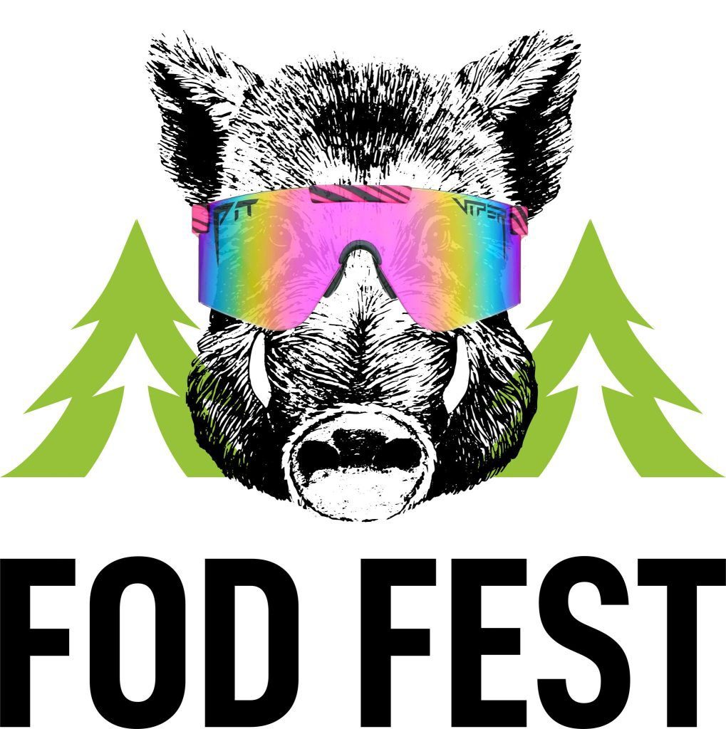 Fod Fest Logo. Wild Boar with cool sunglasses and fir tree background