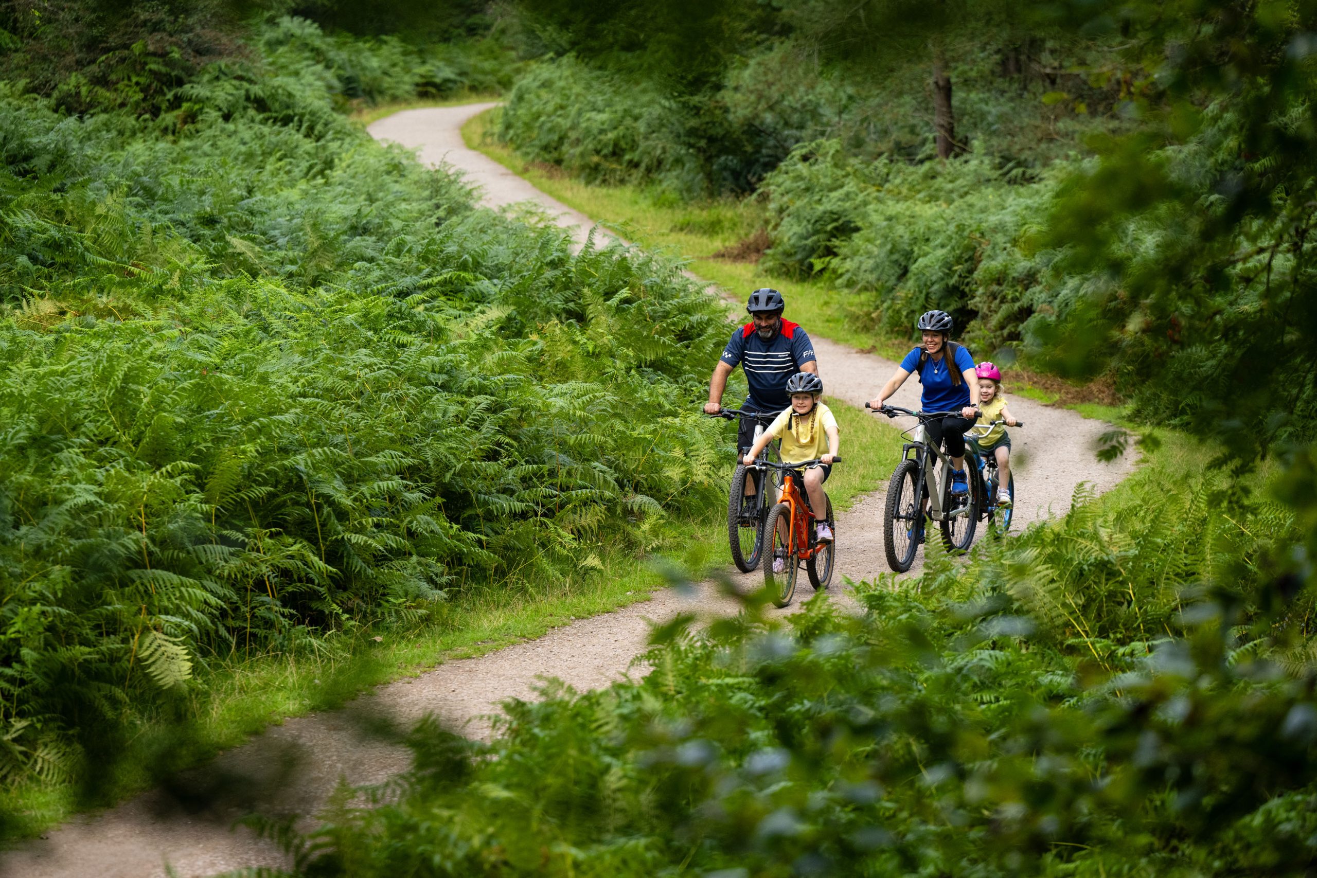 Family with 2 kids 1 on bike and 1 on tagalong riding up winding path with ferns and forest either side