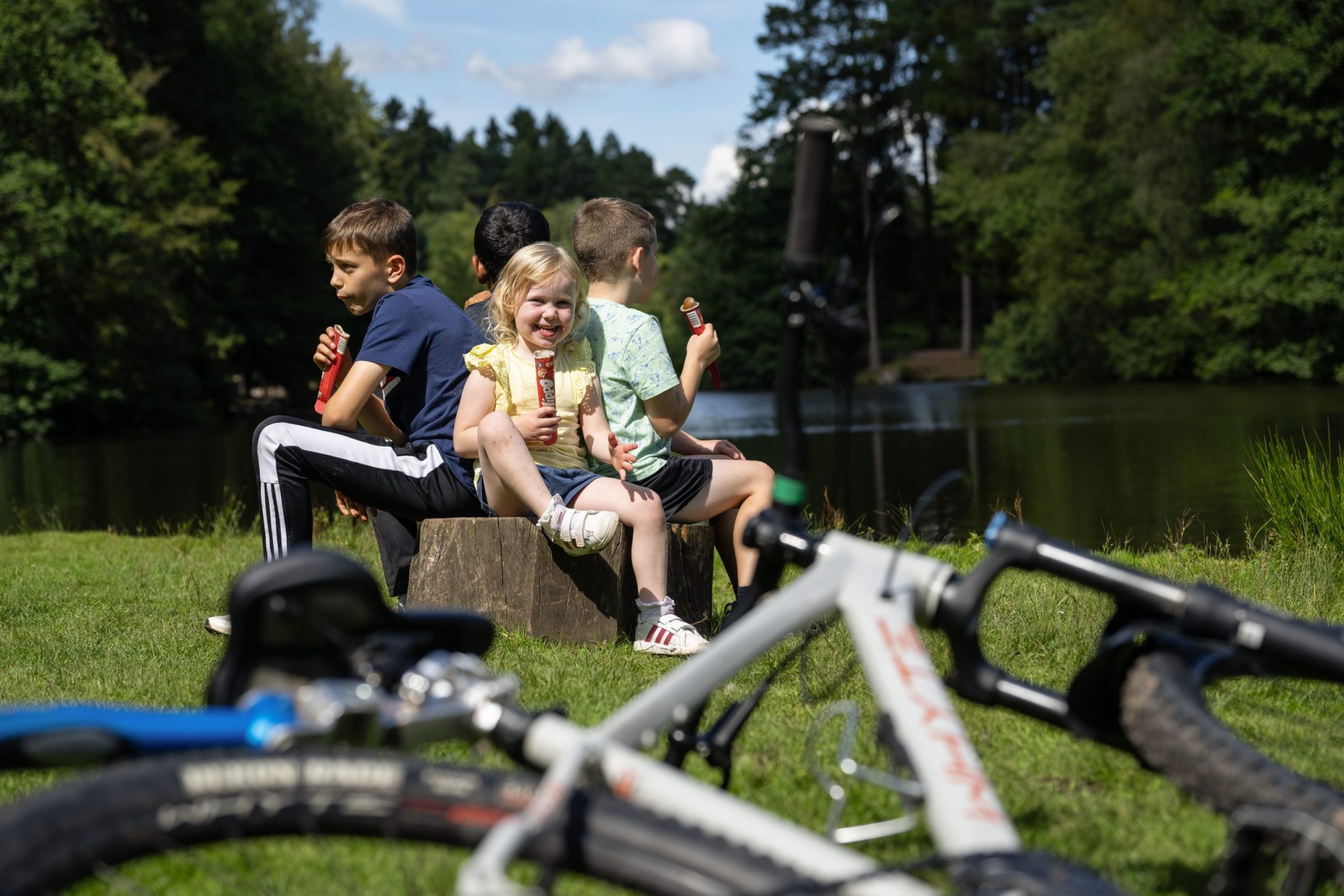 Kids sat back to back on tree stump next to lake with lollies and little girl smiling at camera.