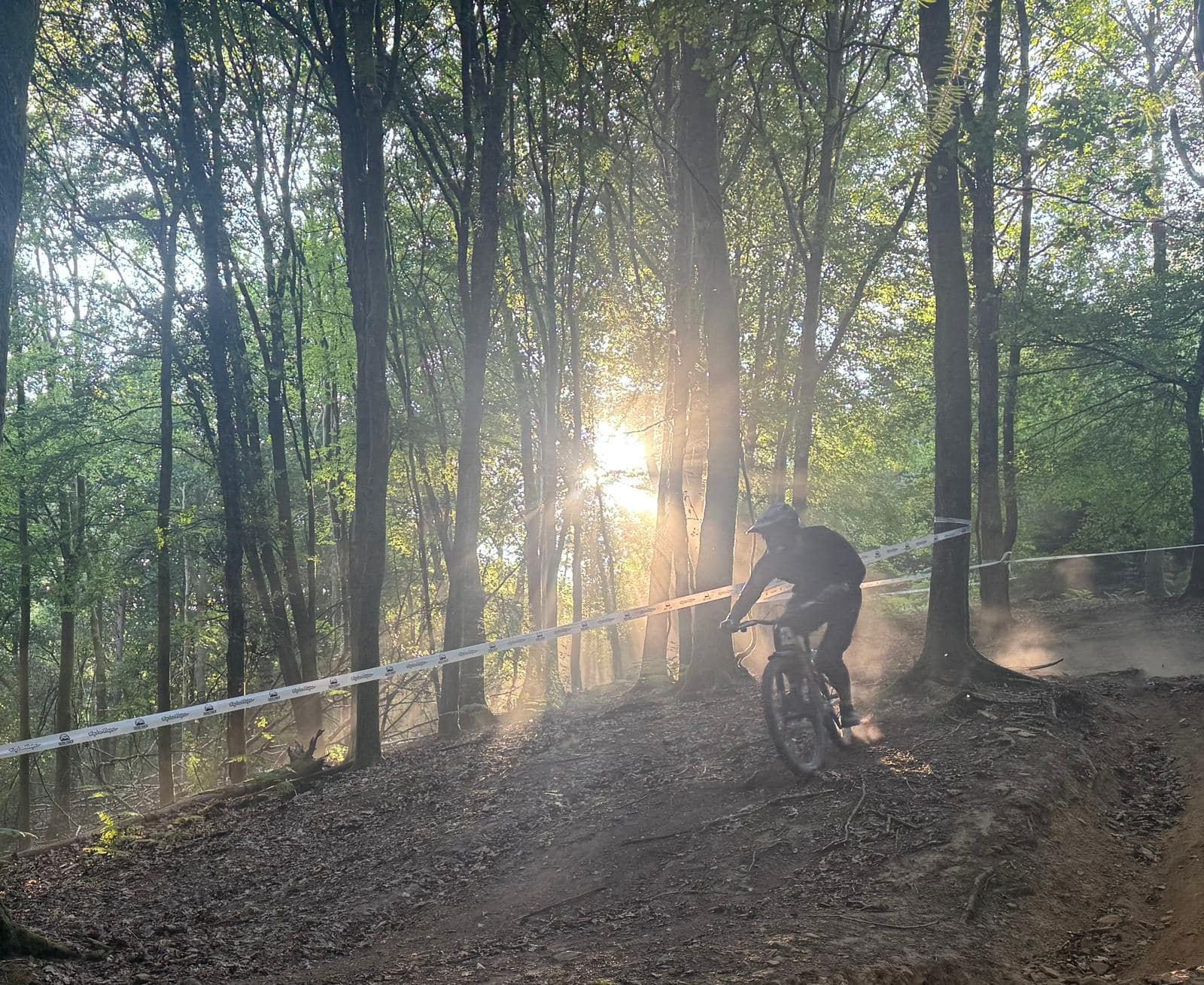 A rider on a mountain bike is doing downhill riding between race tape, with the setting sun seen through the trees