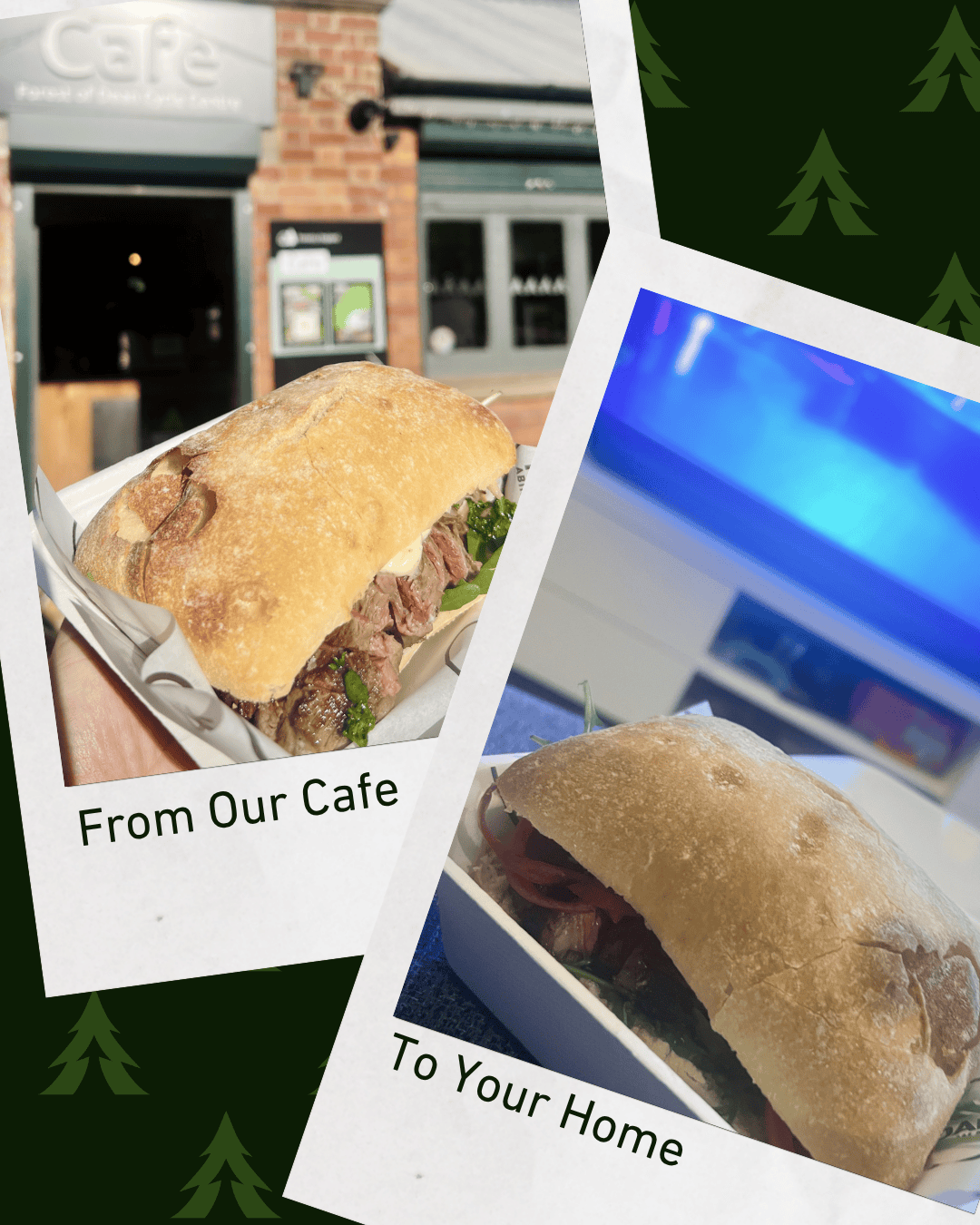 Showing two polaroid style images of the same Brazilian steak ciabatta sandwich, one in front of the Pedalabikeaway Cafe and the other in a home in front of a TV with the text from our cafe to your home 