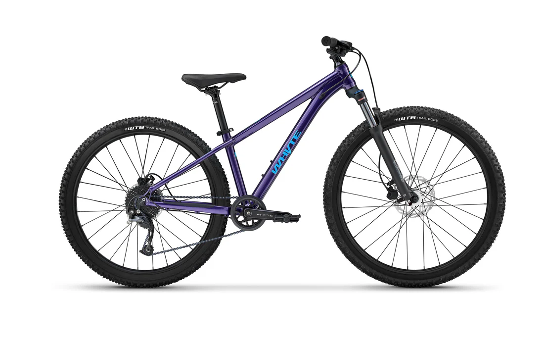 Kids Whyte MTB bike leaning against blue door.